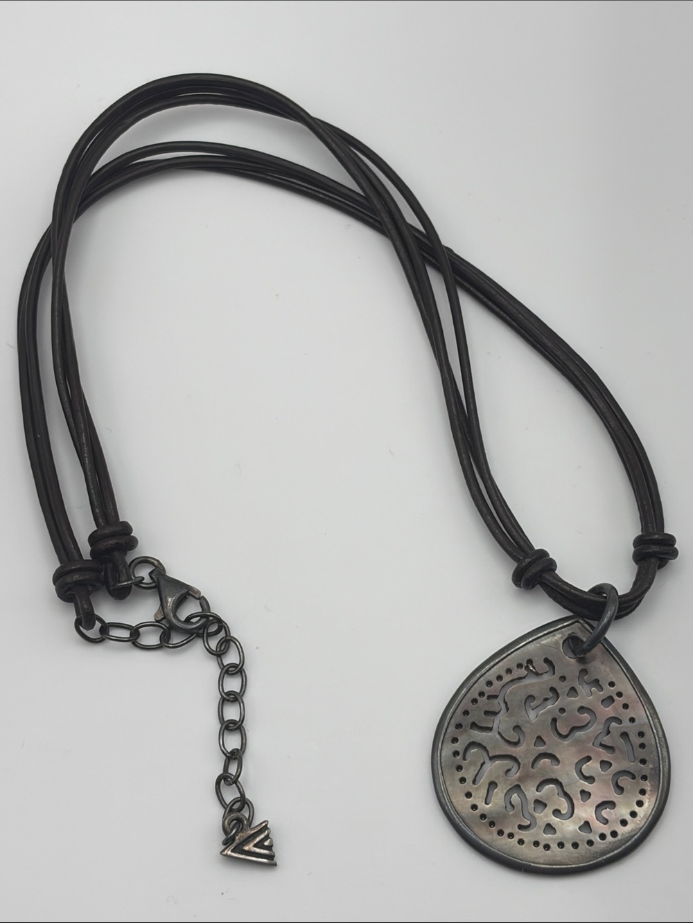 Silpada Sterling Silver Carved Abalone Shell/ Brown Leather Cord Necklace